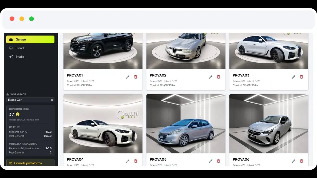 Piattaforma desktop OmniCar: il Garage con i progetti veicolo